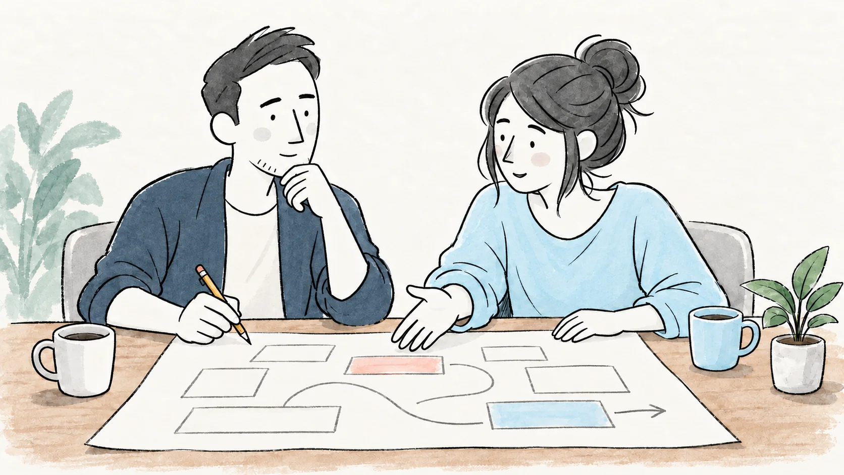 Adil and a small business owner planning a website together over a simple blueprint.