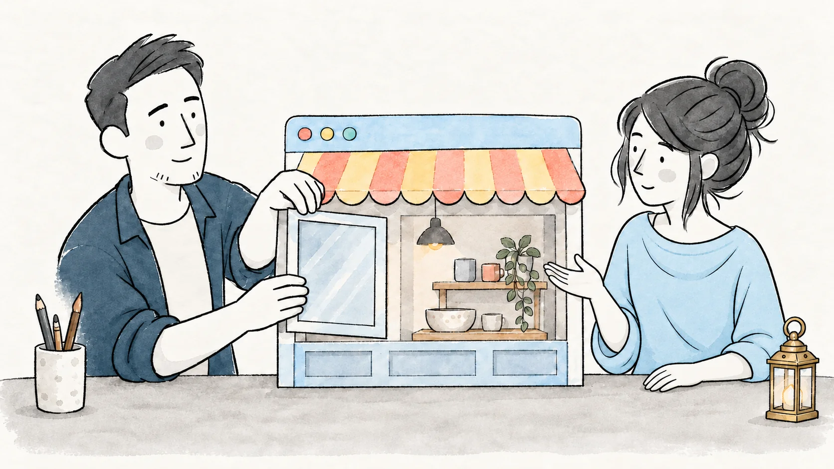 Adil and a small business owner shaping a storefront inside a browser window.